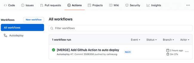 onglet Actions du repository Github