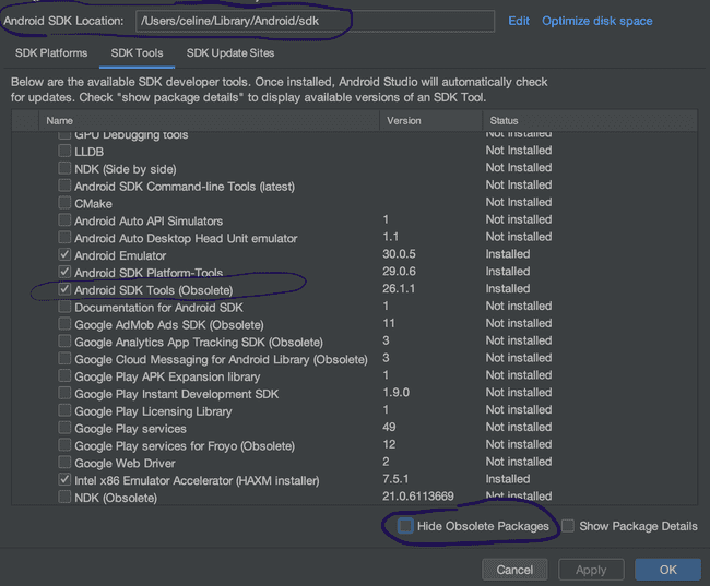 interface Android Studio qui indique la localisation du SDK